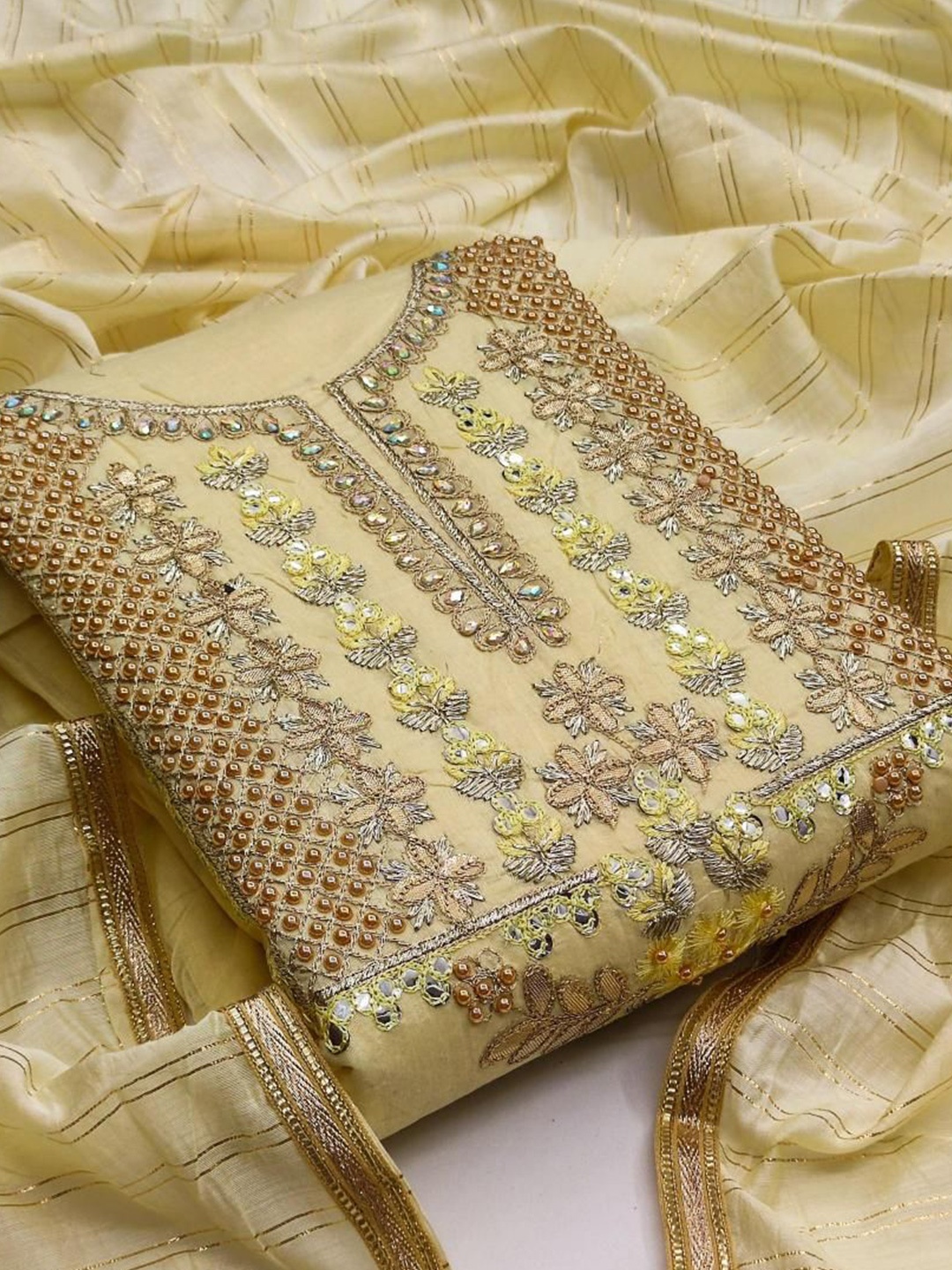 

Dori Embroidered Pure Silk Unstitched Dress Material, Yellow