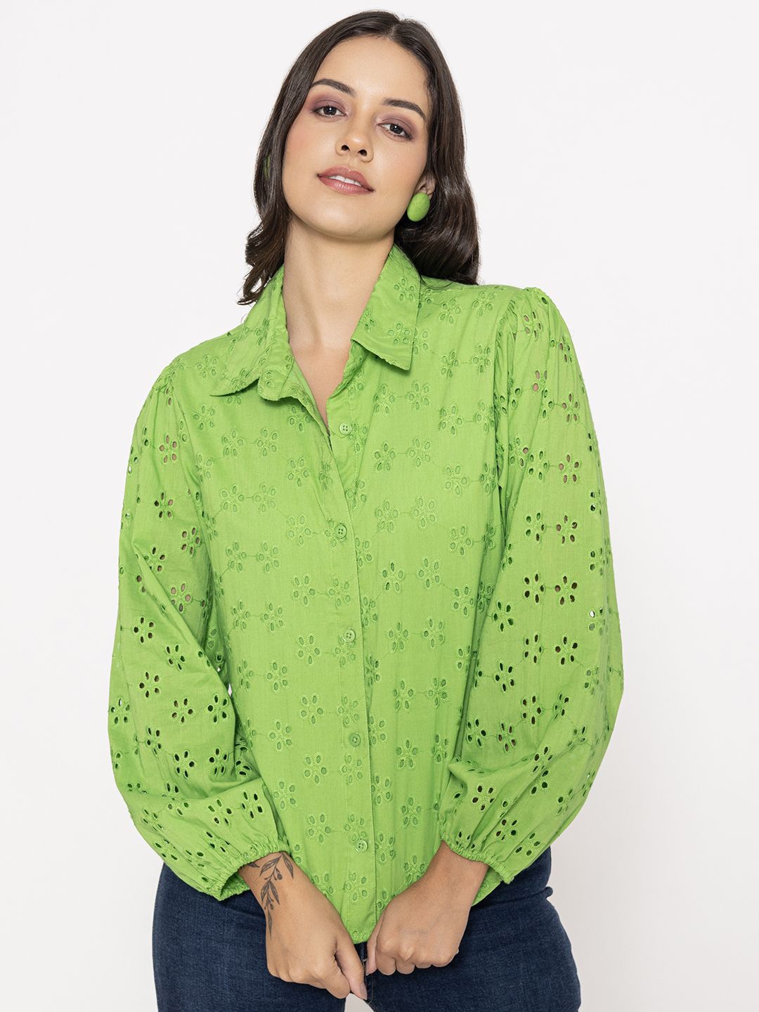 

Lounge Dreams Women Premium Semi Sheer Printed Casual Shirt, Lime green