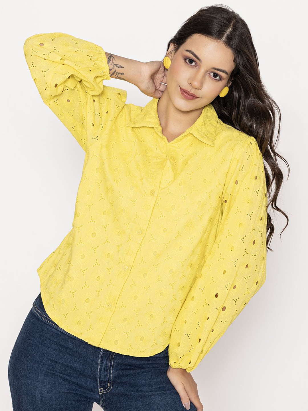 

Lounge Dreams Premium Relaxed Self Design Schiffli Puff Sleeves Semi Sheer Cotton Shirt, Yellow