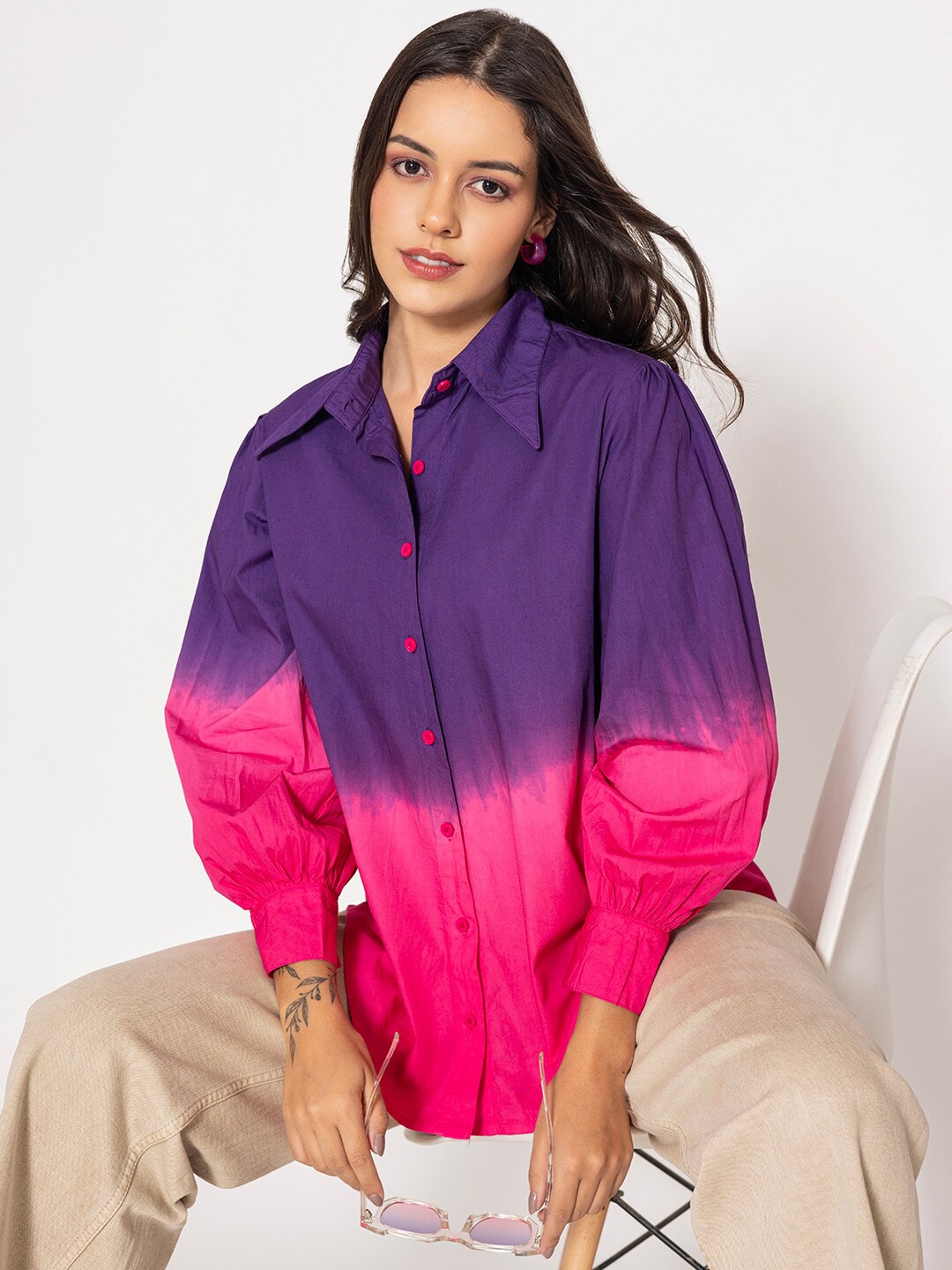 

Lounge Dreams Relaxed Oversized Fit Ombre Printed Puff Sleeves Pure Cotton Shirt, Purple