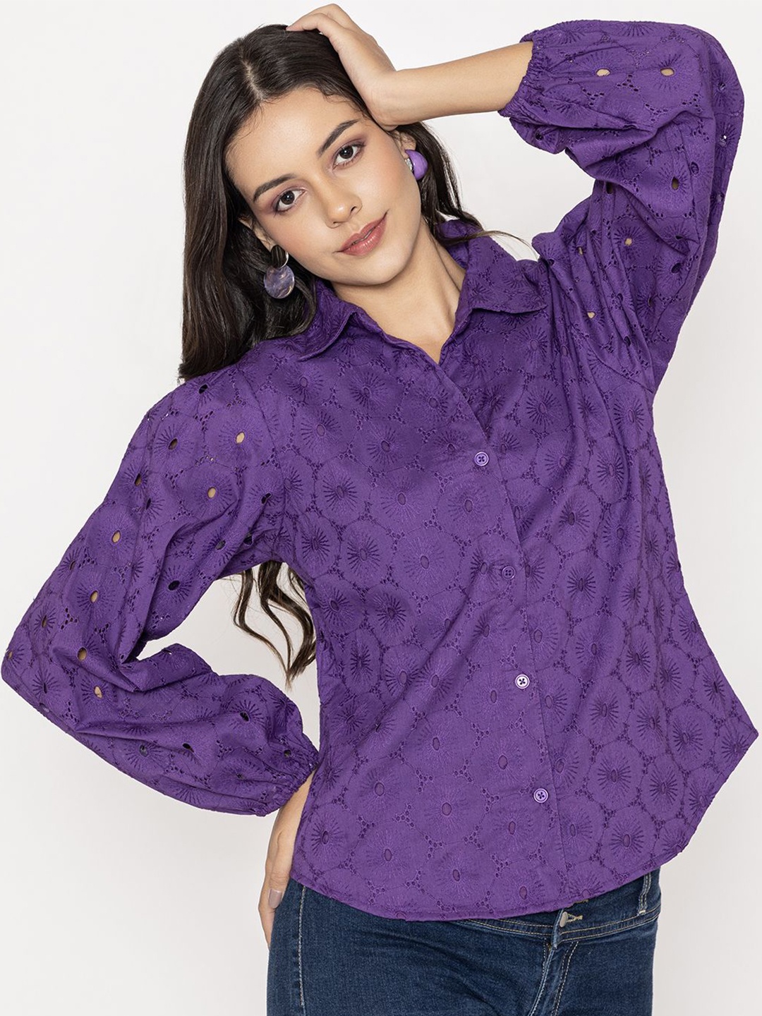 

Lounge Dreams Premium Relaxed Self Design Schiffli Puff Sleeves Semi Sheer Cotton Shirt, Purple