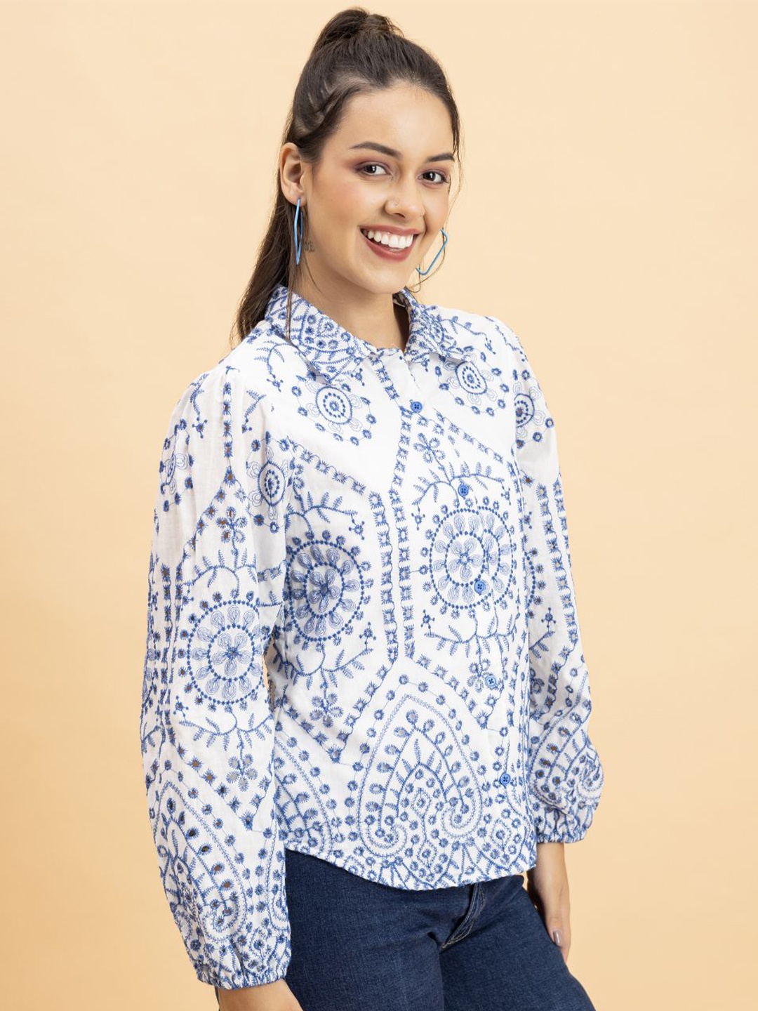 

Lounge Dreams Premium Relaxed Geometric Embroided Schiffli Puff Sleeves Semi Sheer Shirt, White