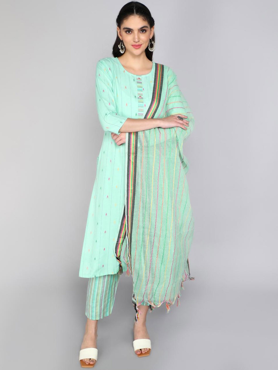 

FASHIRE Women Regular Pure Cotton Kurta with Trousers & With Dupatta, Teal