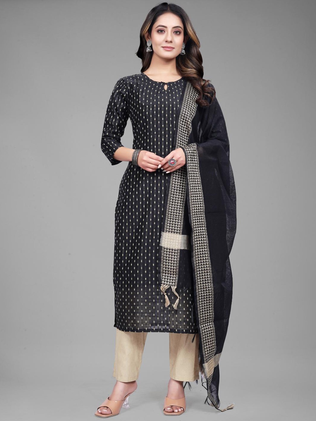 

FASHIRE Women Regular Kurta with Trousers & With Dupatta, Black