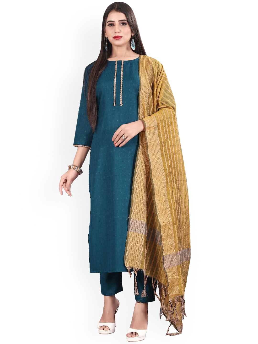 

FASHIRE Women Regular Kurta with Trousers & With Dupatta, Teal