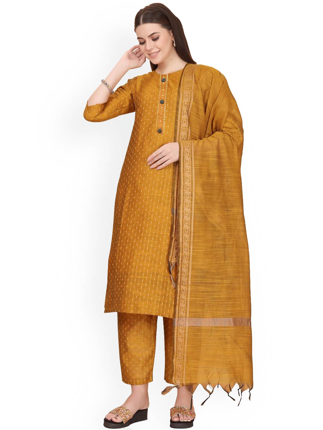 

FASHIRE Women Ethnic Motifs Regular Kurta Trousers With Dupatta, Mustard