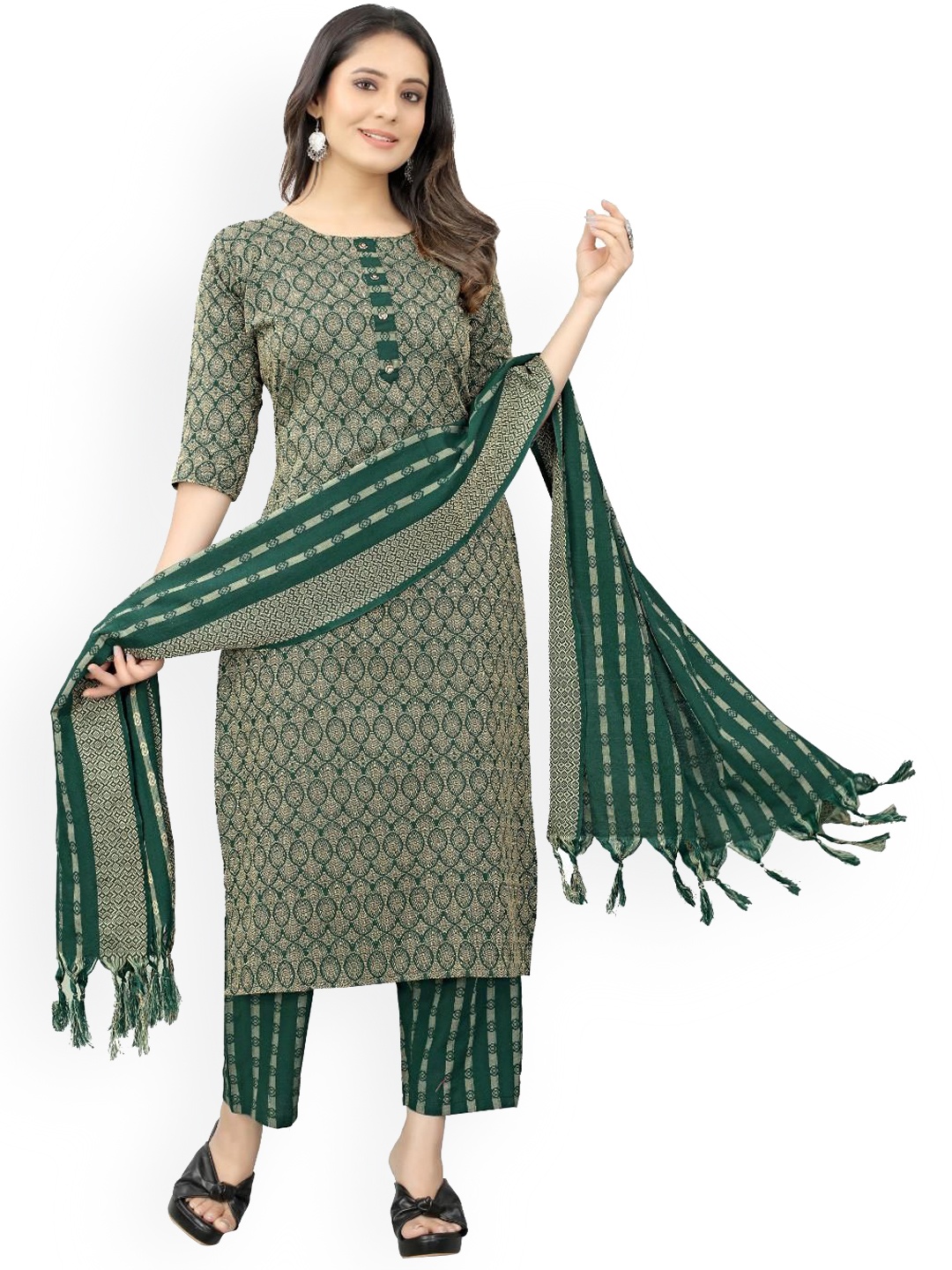 

FASHIRE Women Regular Pure Cotton Kurta with Trousers & With Dupatta, Green