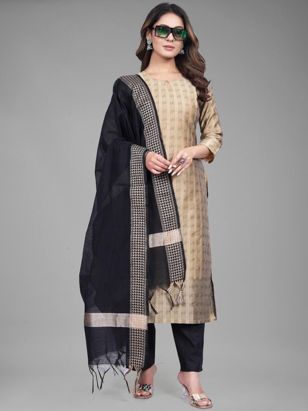 

FASHIRE Women Regular Kurta with Trousers & With Dupatta, Gold