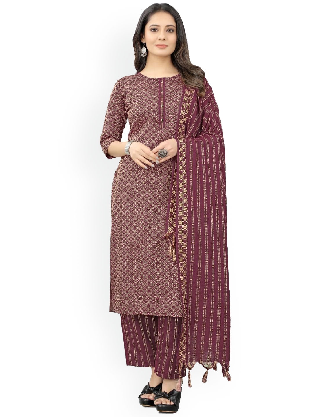 

FASHIRE Women Regular Pure Cotton Kurta with Trousers & With Dupatta, Maroon