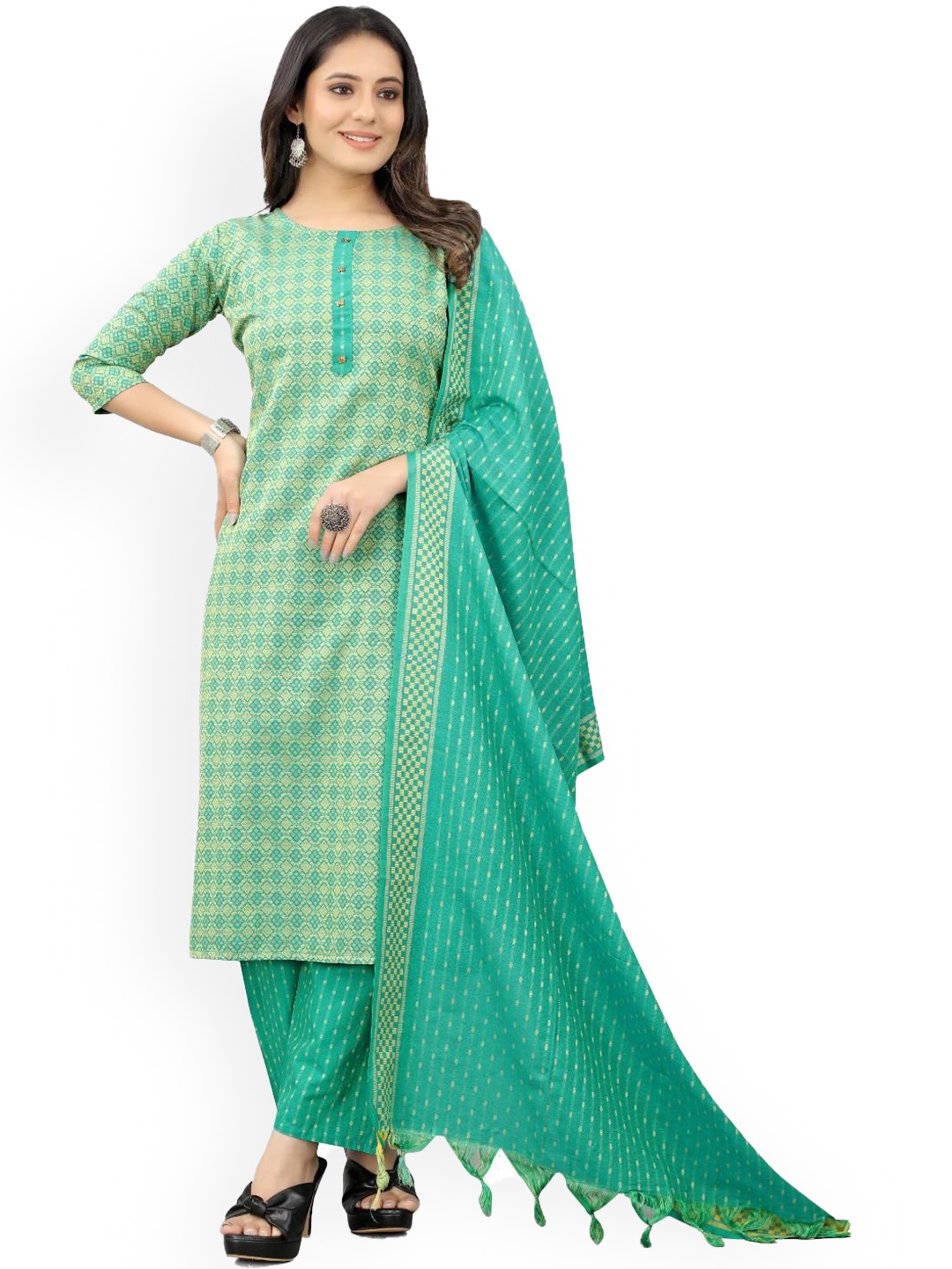 

FASHIRE Women Regular Pure Cotton Kurta Trousers With Dupatta, Green