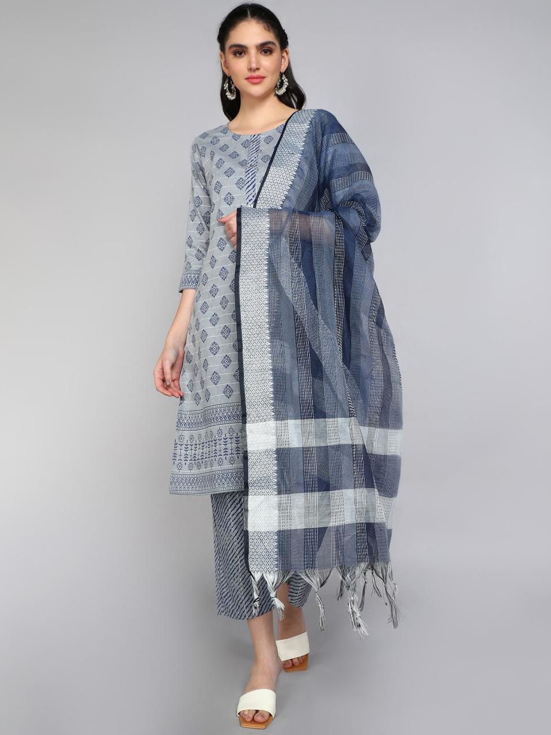 

FASHIRE Women Printed Regular Pure Cotton Kurta with Trousers & With Dupatta, Blue