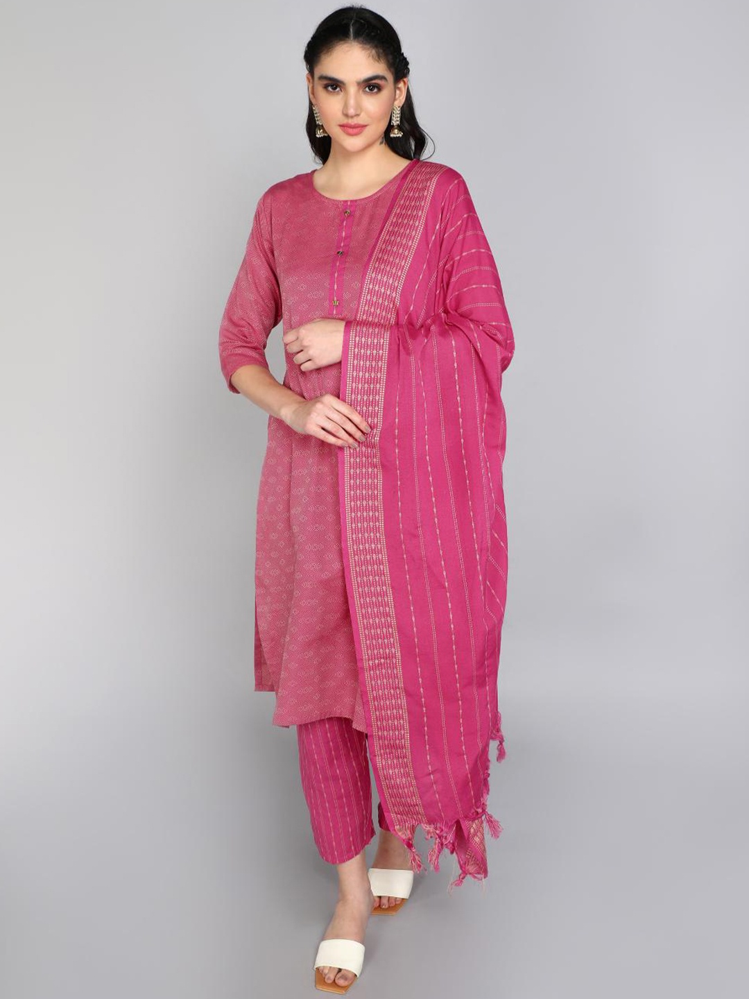 

FASHIRE Women Regular Pure Cotton Kurta with Trousers & With Dupatta, Pink