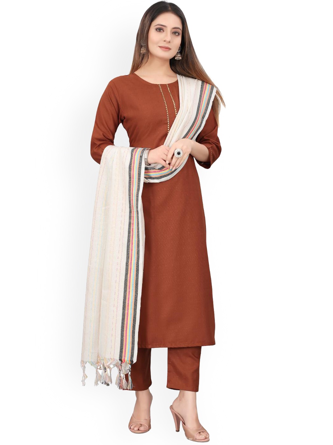 

FASHIRE Women Regular Kurta with Trousers & With Dupatta, Orange