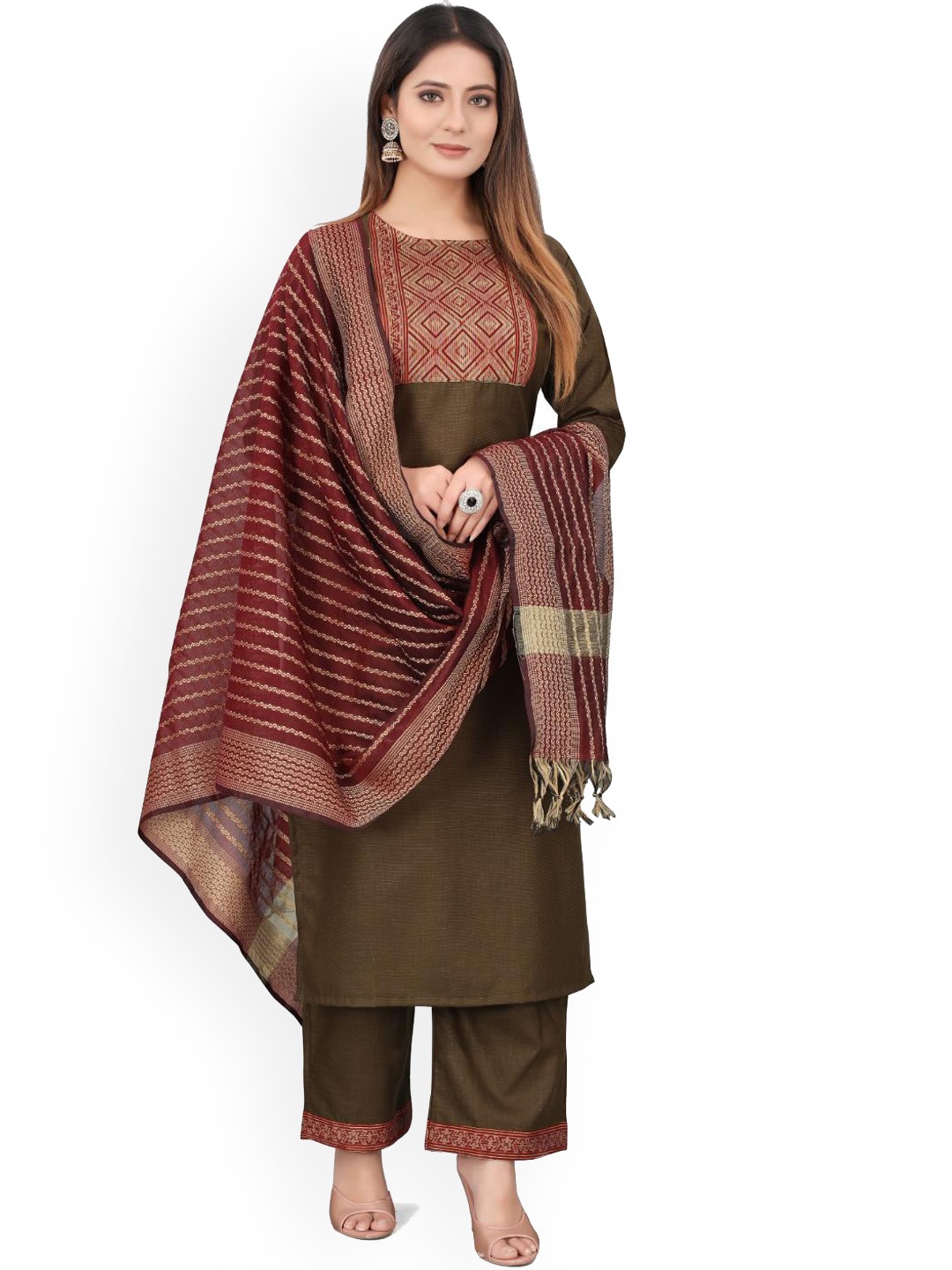 

FASHIRE Women Yoke Design Regular Kurta Trousers With Dupatta, Olive