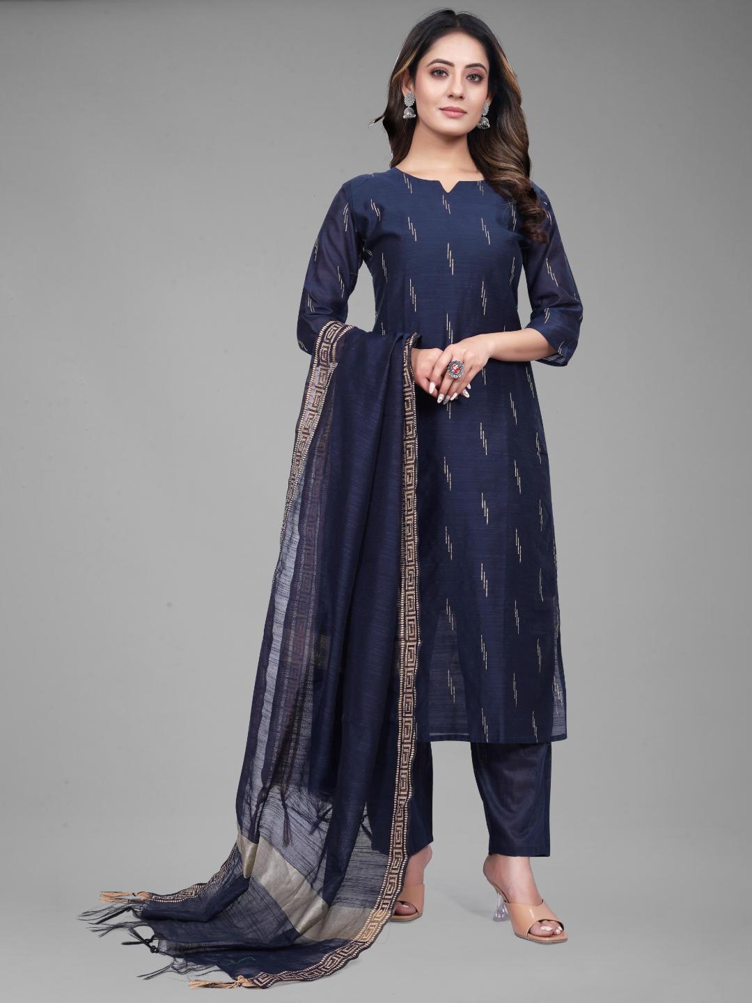 

FASHIRE Women Regular Pure Cotton Kurta with Trousers & With Dupatta, Navy blue