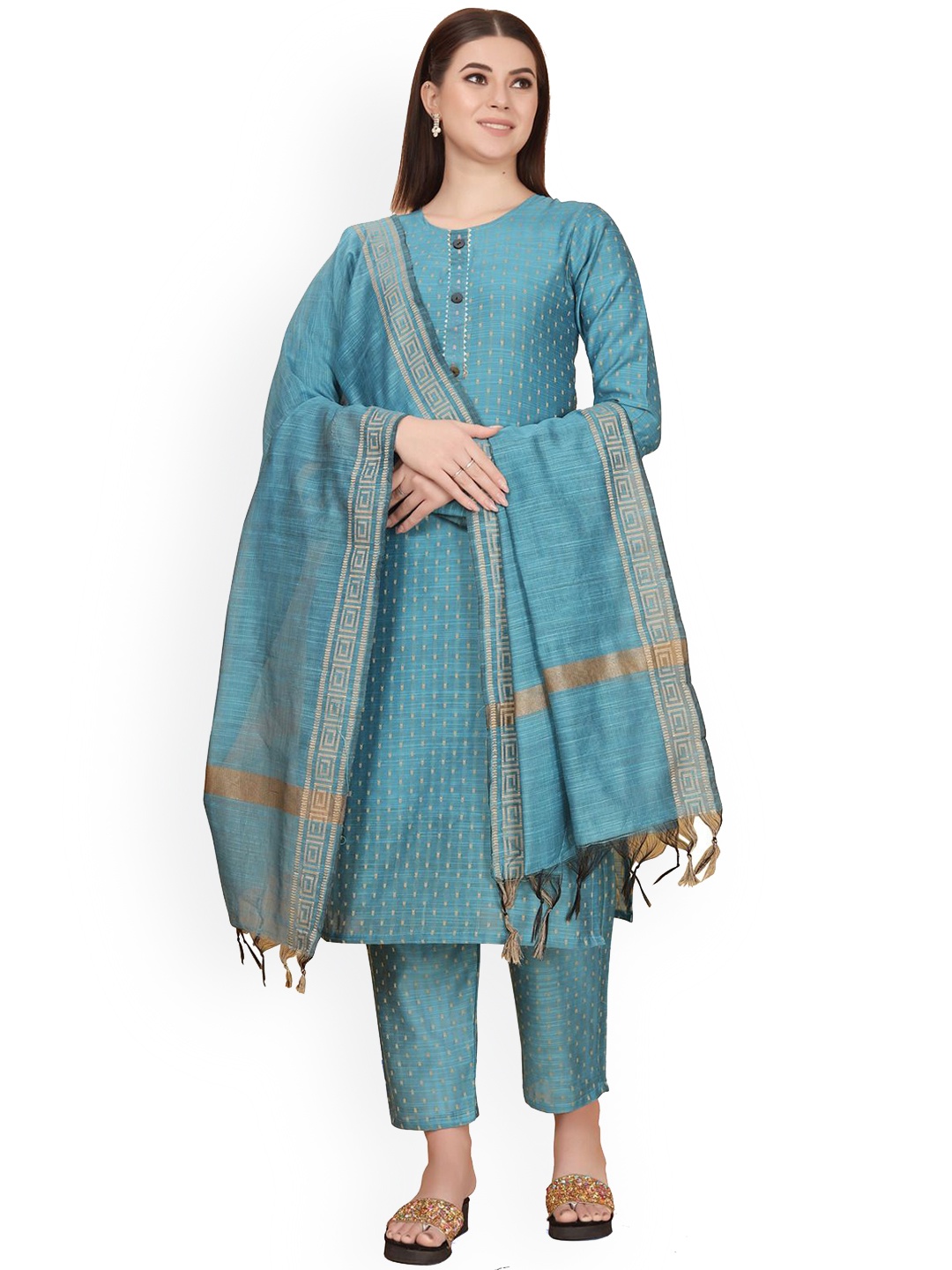 

FASHIRE Women Regular Kurta with Trousers & With Dupatta, Blue