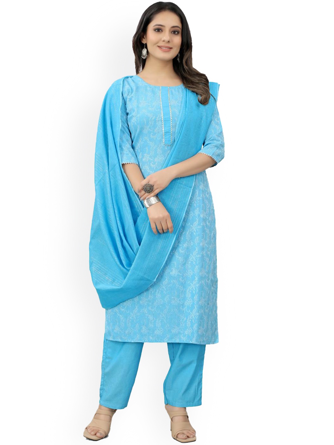 

FASHIRE Women Paisley Regular Pure Cotton Kurta with Trousers & With Dupatta, Blue