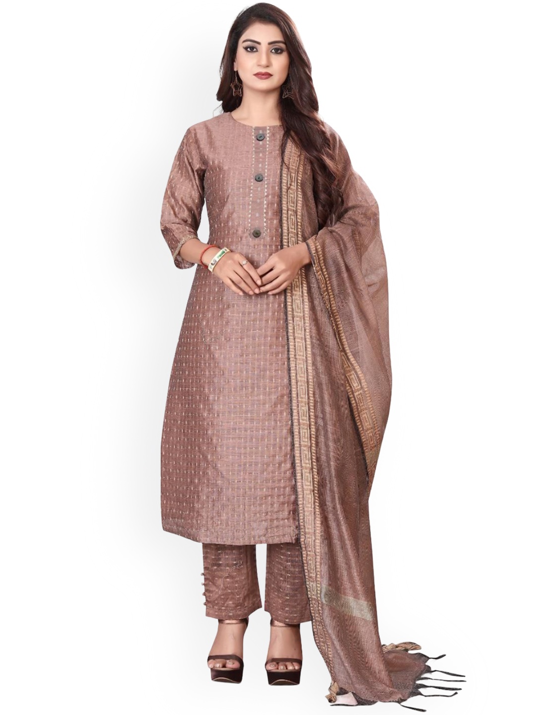 

FASHIRE Women Regular Kurta Trousers With Dupatta, Bronze