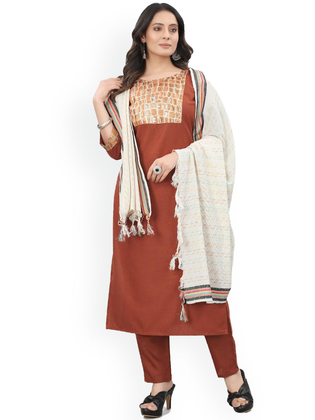 

FASHIRE Women Yoke Design Regular Kurta with Trousers & With Dupatta, Orange