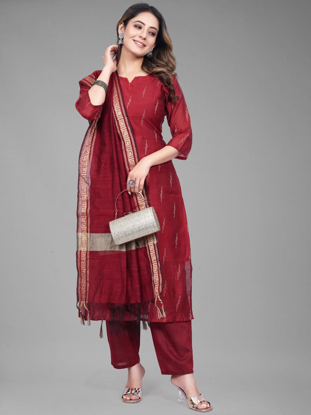 

FASHIRE Women Regular Pure Cotton Kurta with Trousers & With Dupatta, Red