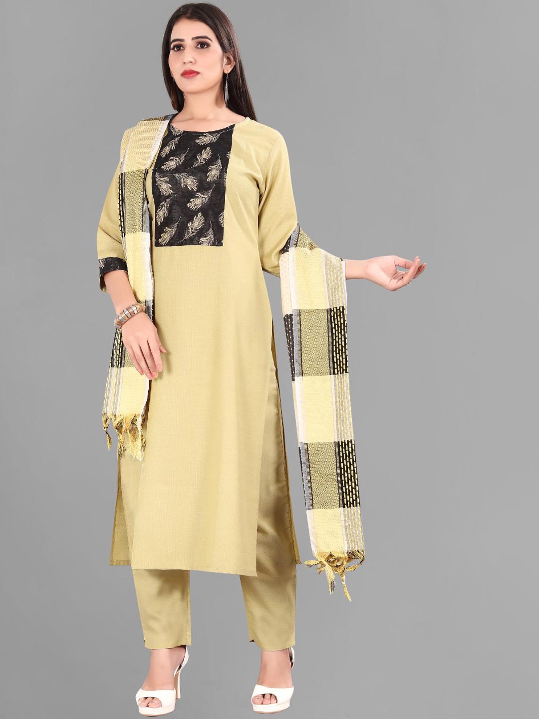 

FASHIRE Women Regular Kurta with Trousers & With Dupatta, Cream