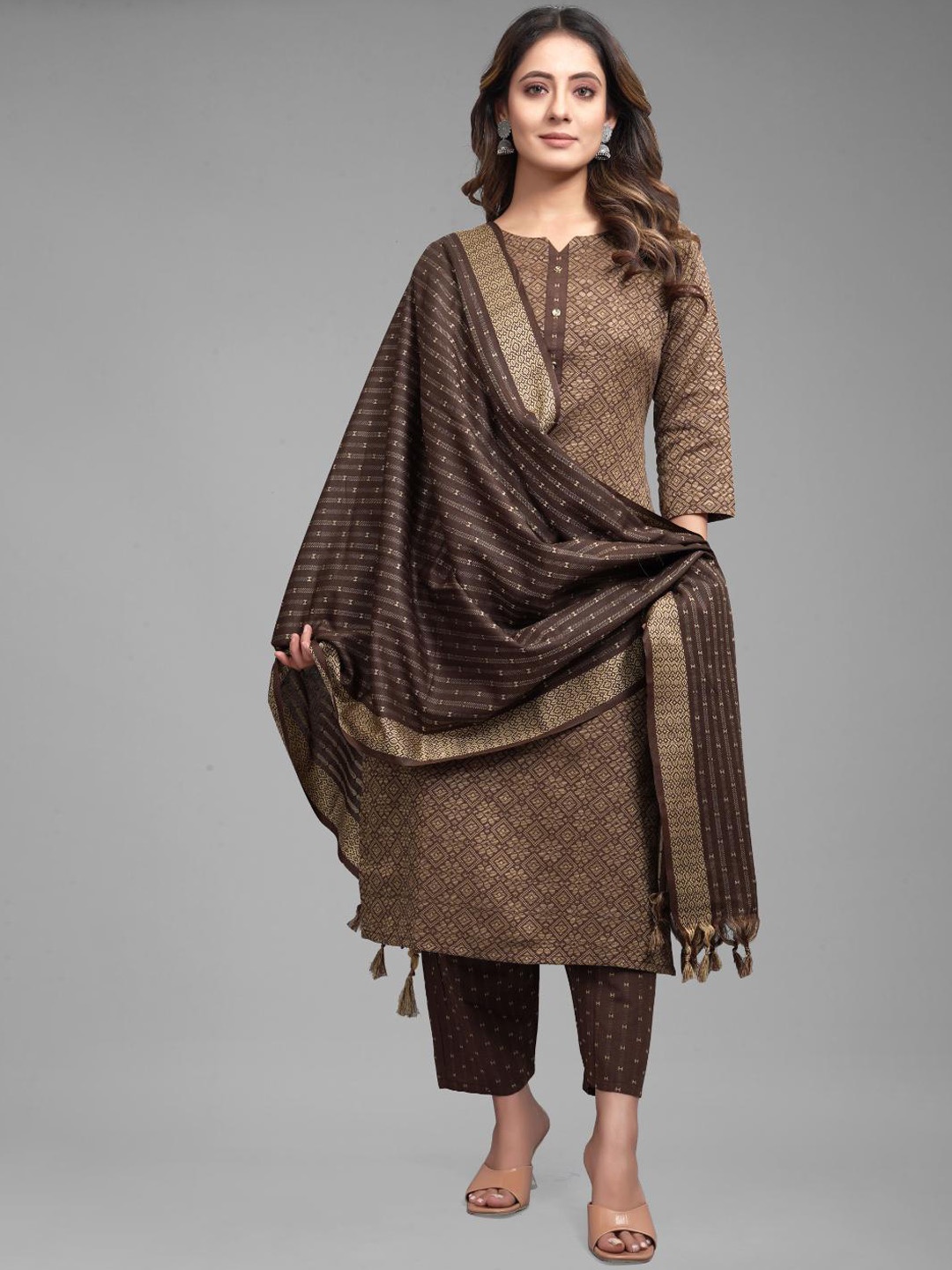 

FASHIRE Women Ethnic Motifs Regular Pure Cotton Kurta with Trousers & With Dupatta, Coffee brown