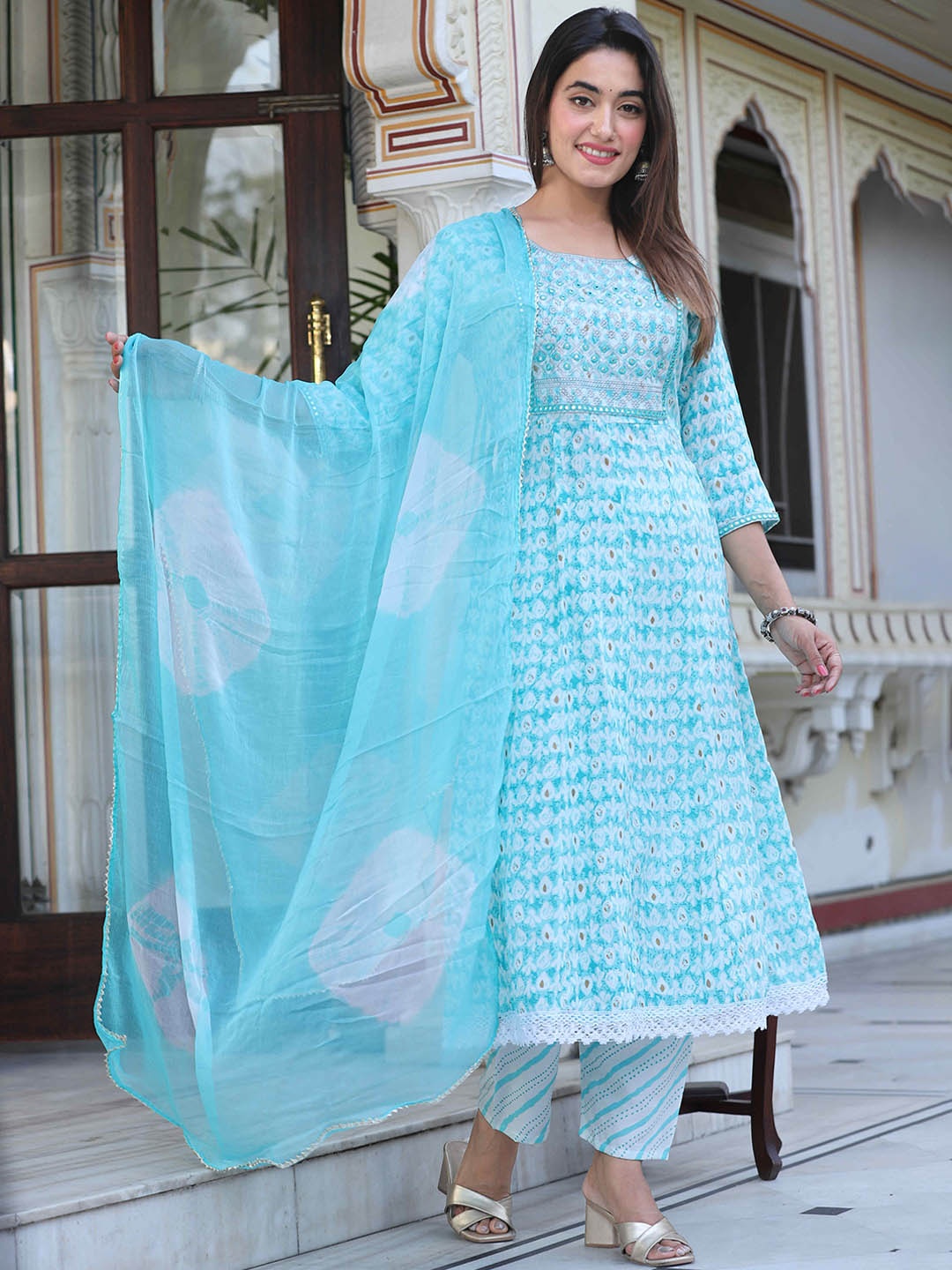 

SINGNI Women Ethnic Motifs Printed Regular Mirror Work Kurta with Trousers & With Dupatta, Turquoise blue