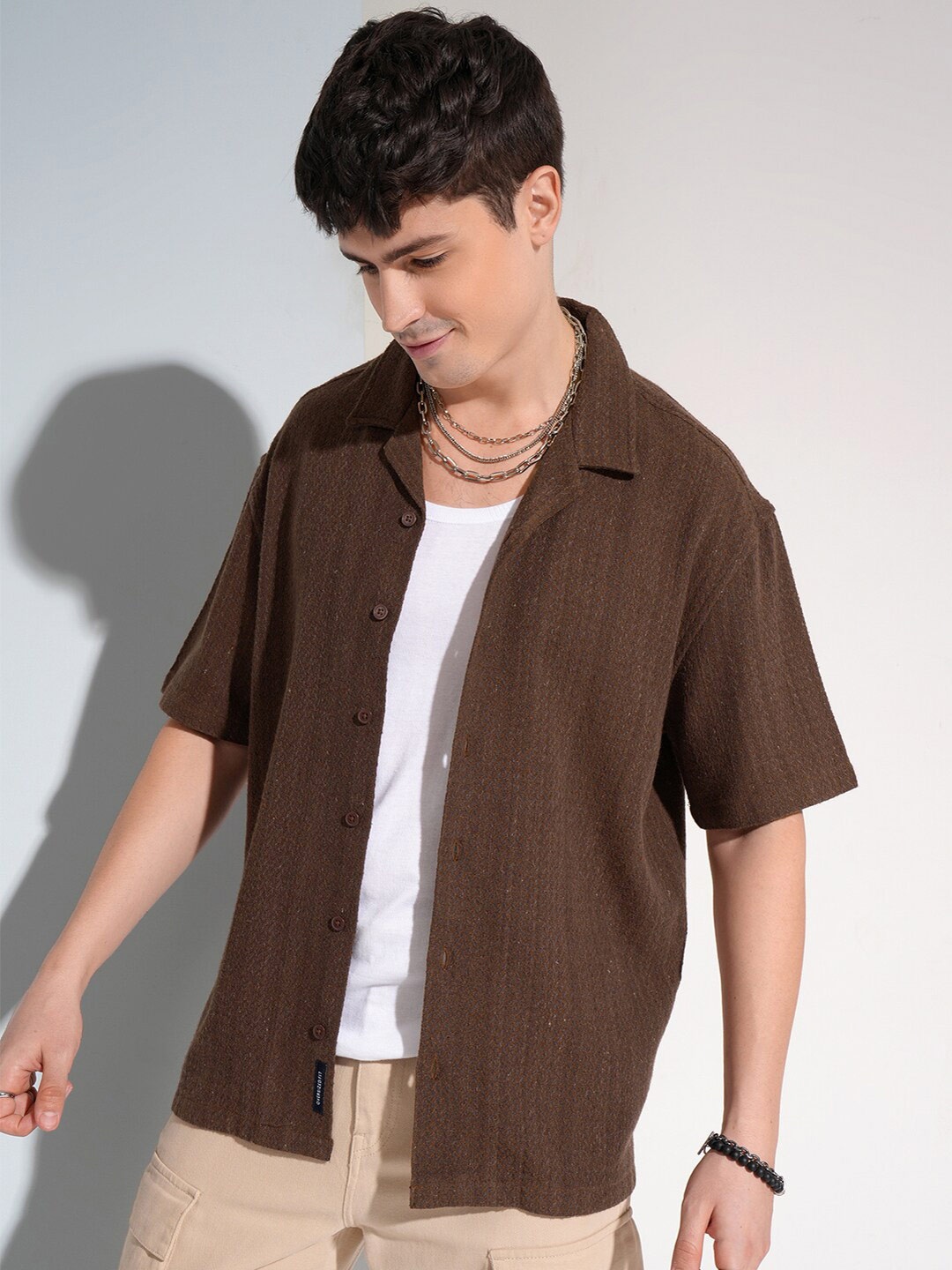 

HIGHLANDER Men Textured Dobby Striped Oversized Shirt, Brown