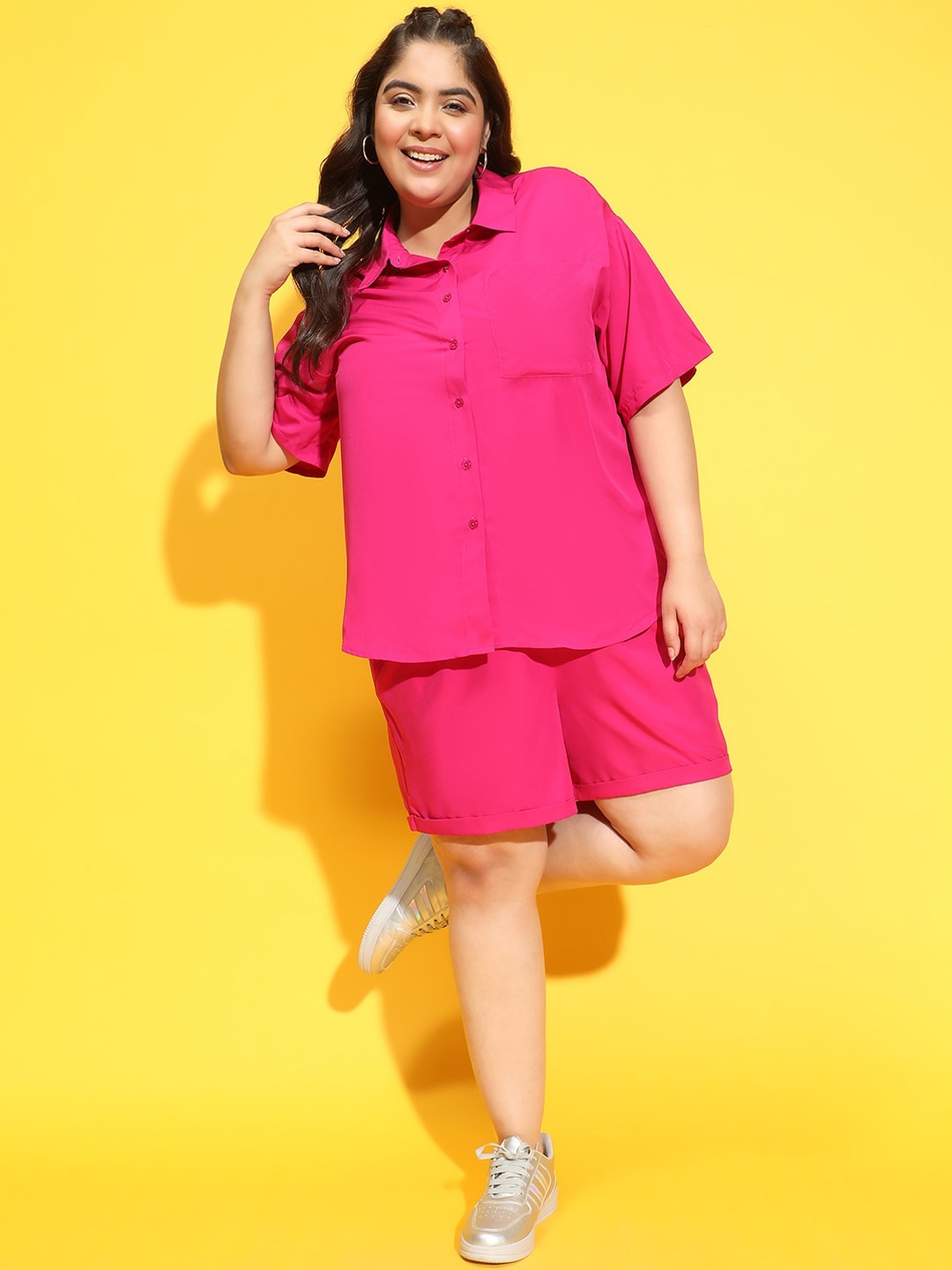 

Oxolloxo Women Plus Size Shirt With Elasticated Shorts Co-Ords, Pink