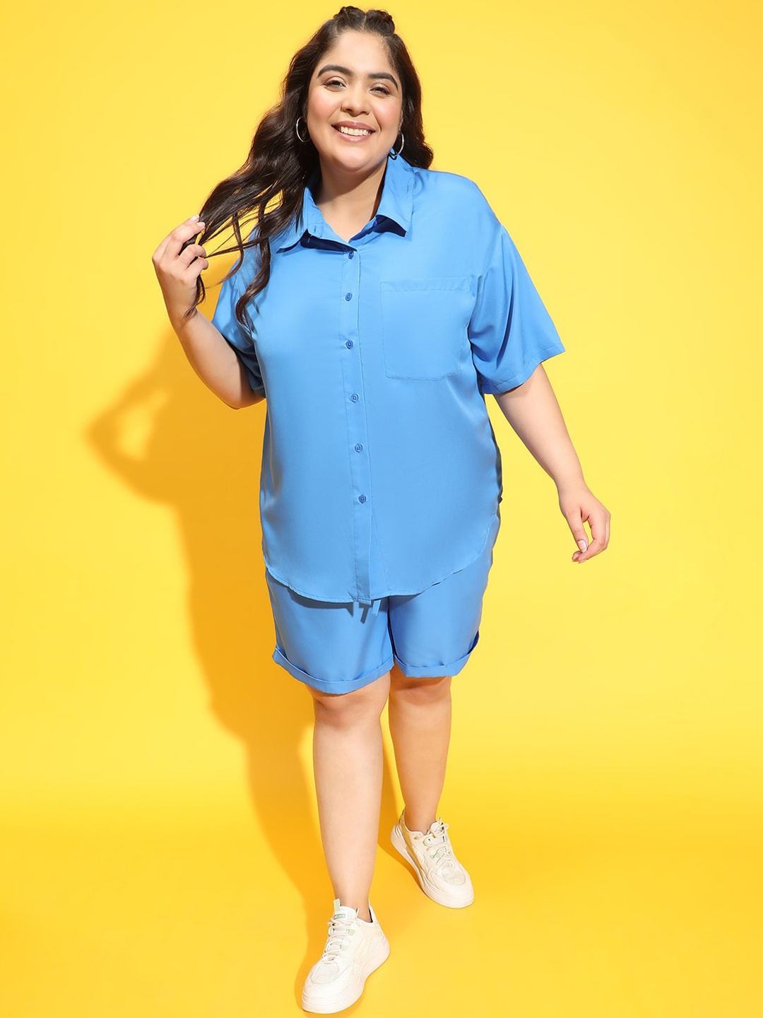 Oxolloxo Shirt With Shorts Plus Size Co-Ords, Blue