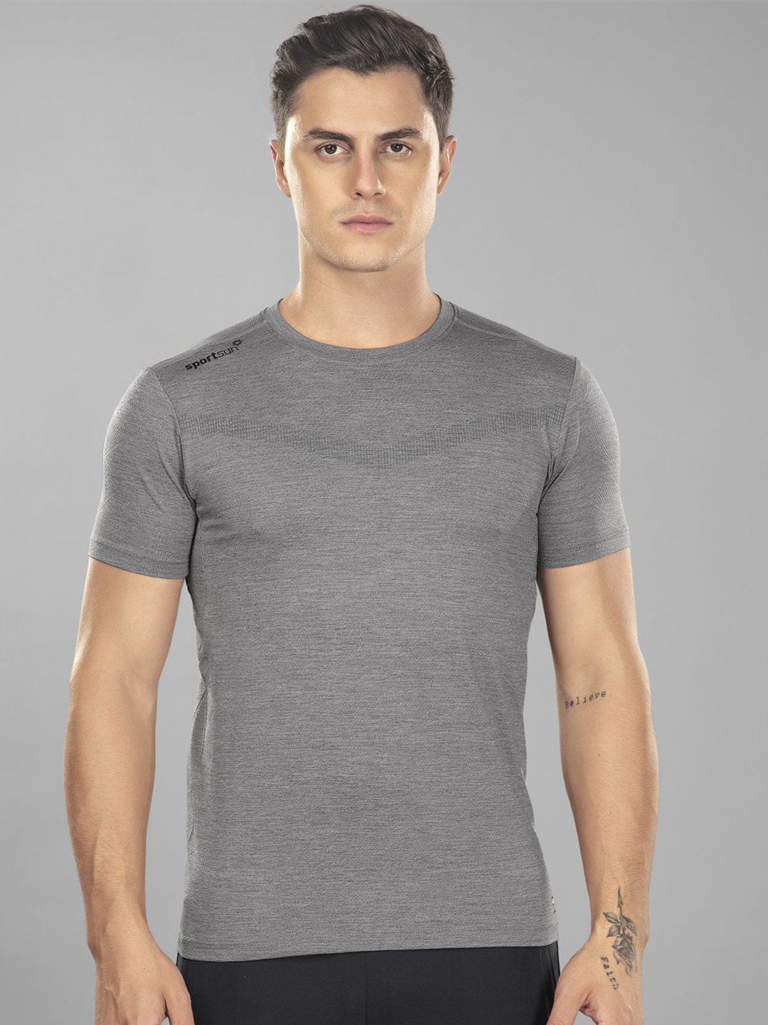 

SPORT SUN playcool pro Men Self Design Sports T-shirt, Charcoal