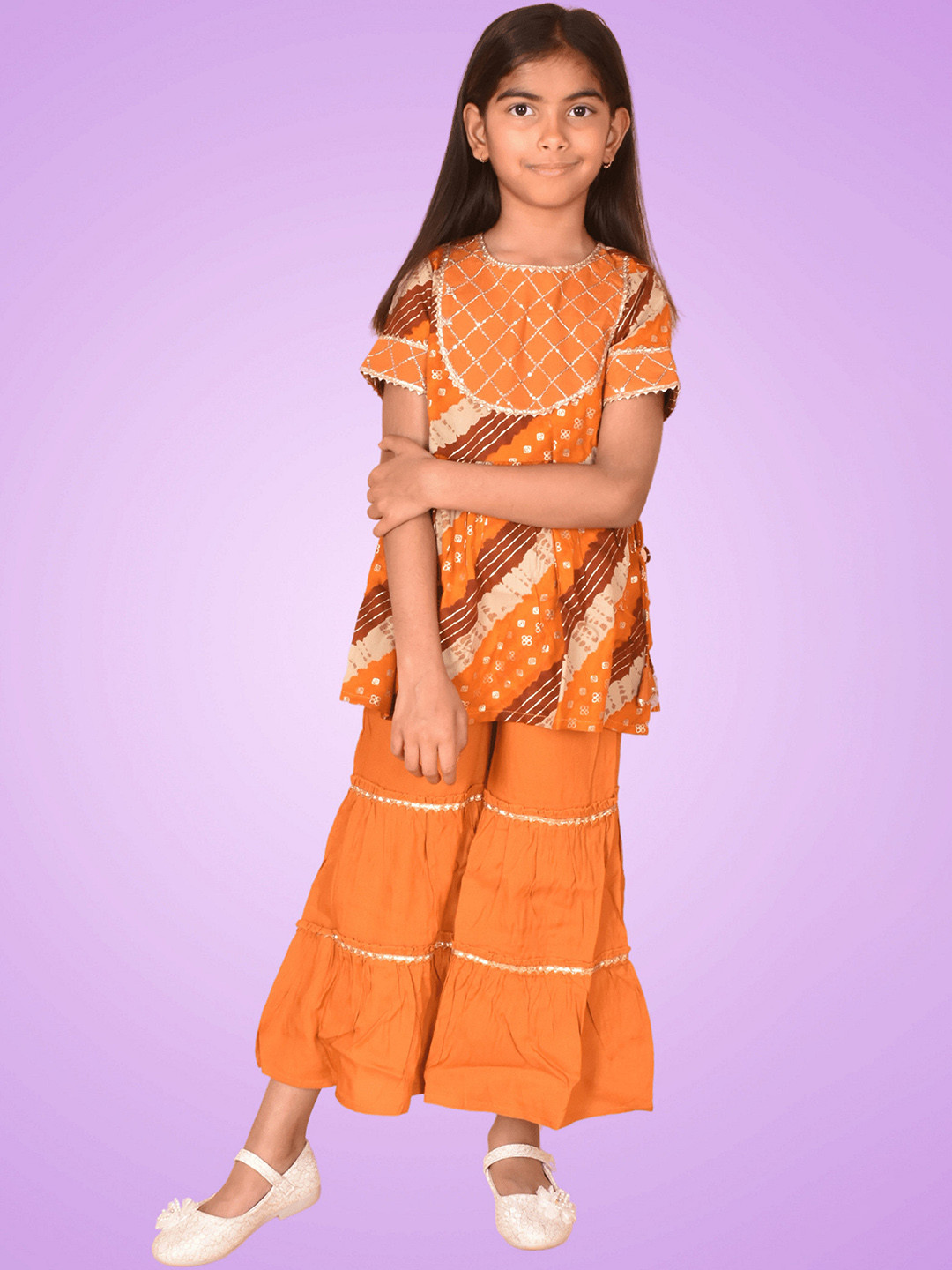 

BAESD Girls Ethnic Motifs Printed Regular Gotta Patti Kurta with Sharara, Mustard