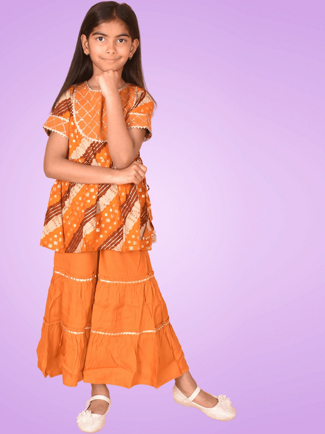 

misbis Girls Ethnic Motifs Yoke Design Regular Gotta Patti Kurta with Sharara, Mustard
