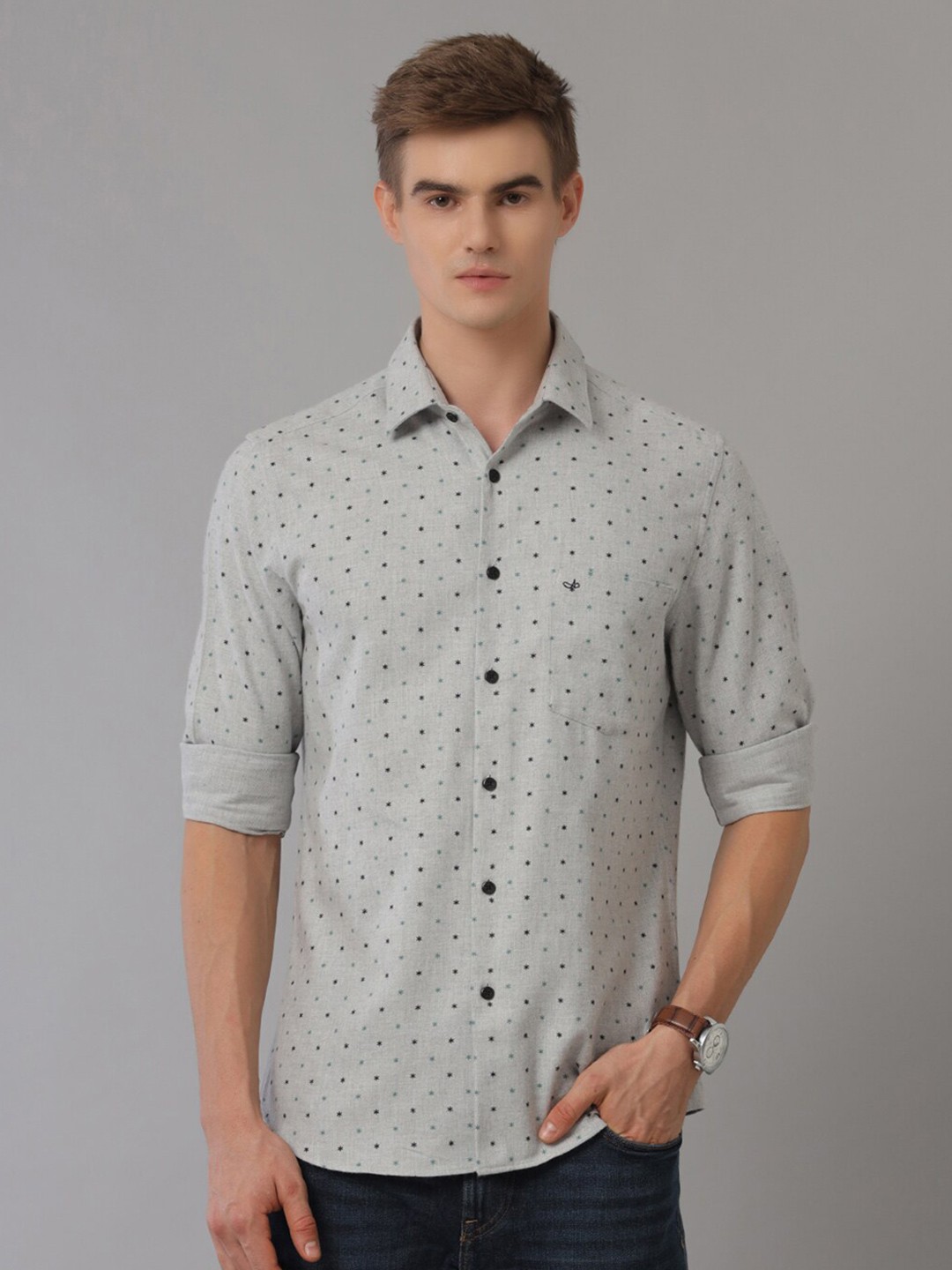 

Aldeno India Slim Micro Ditsy Printed Cotton Slim Fit Casual Shirt, Grey