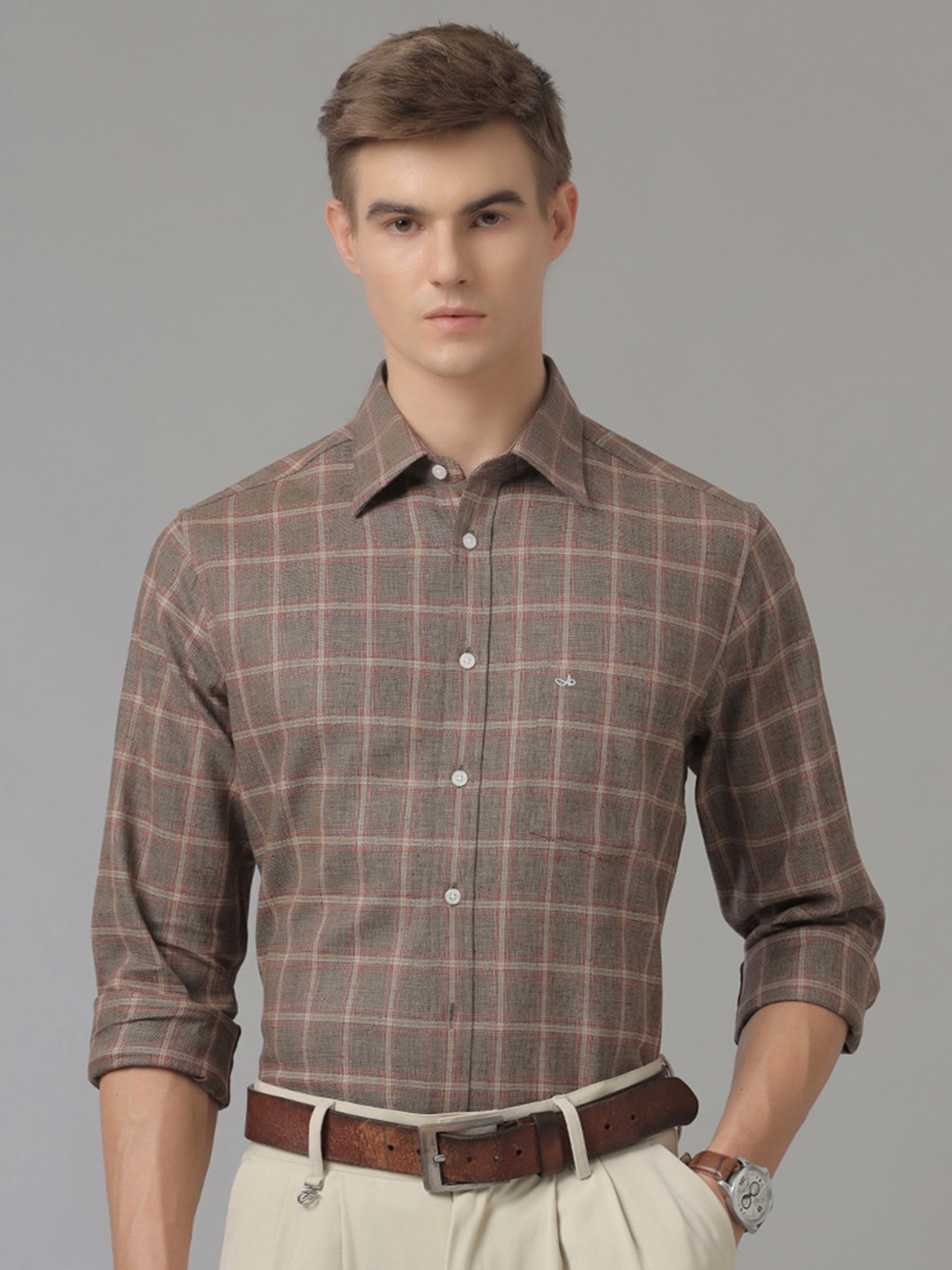 

Aldeno Comfort Windowpane Checked Linen Casual Shirt, Brown