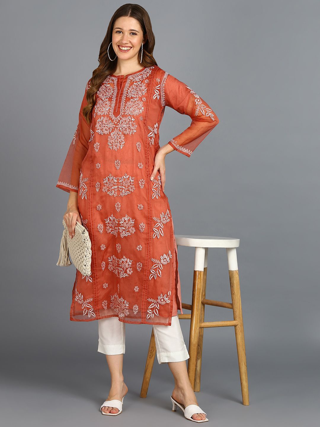 

VAHSON Women Embroidered regular Sleeves Thread Work Kurti, Rust