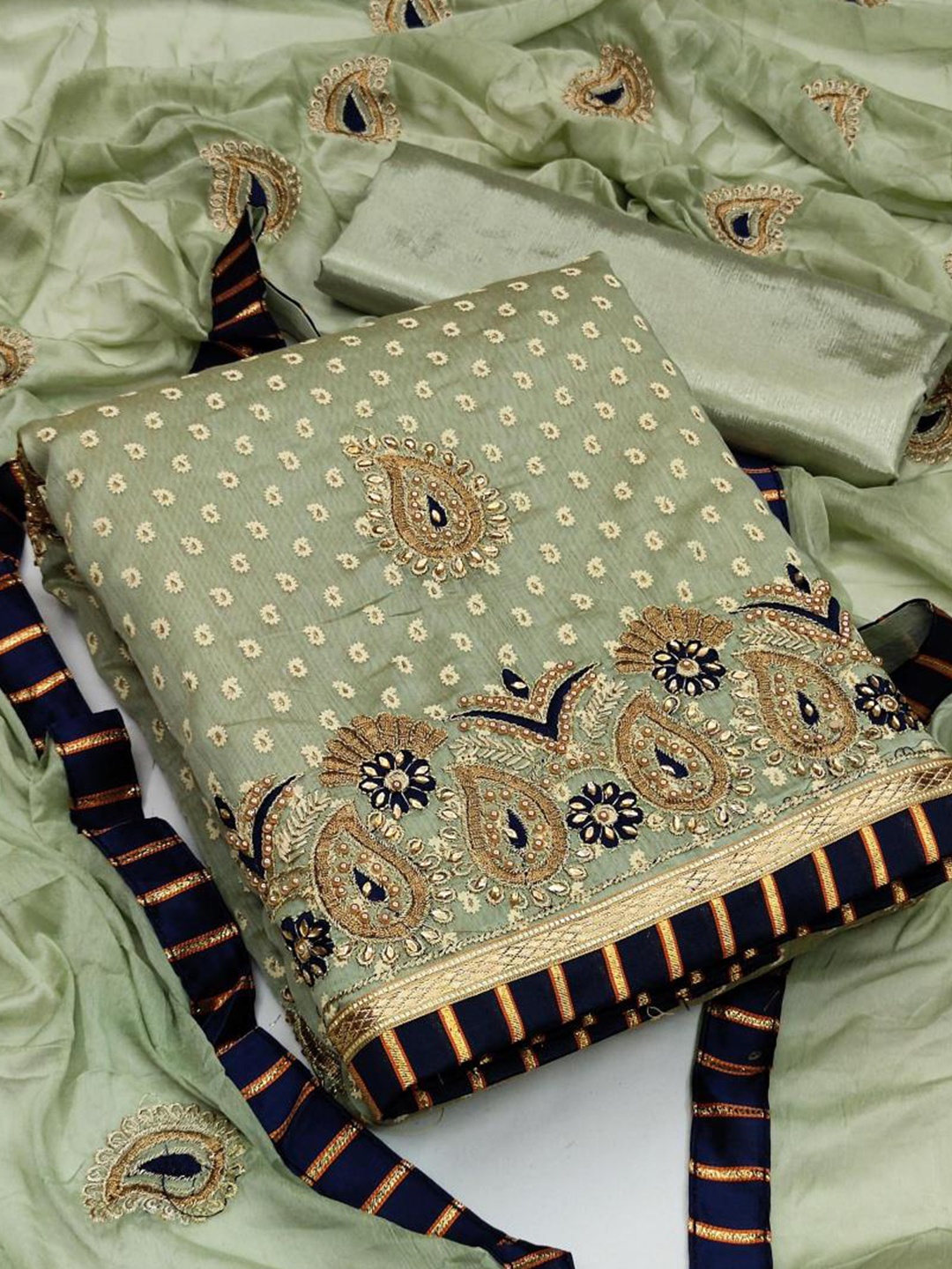 

Dori Ethnic Motifs Embroidered Pure Cotton Unstitched Dress Material, Olive