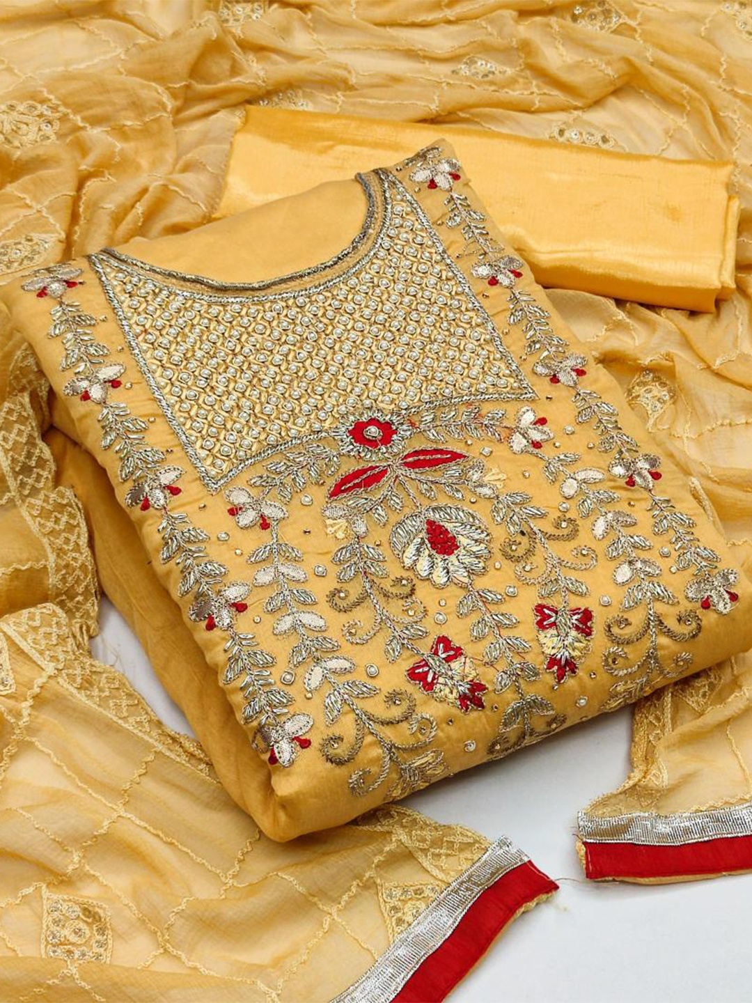 

Dori Embroidered Pure Silk Unstitched Dress Material, Yellow