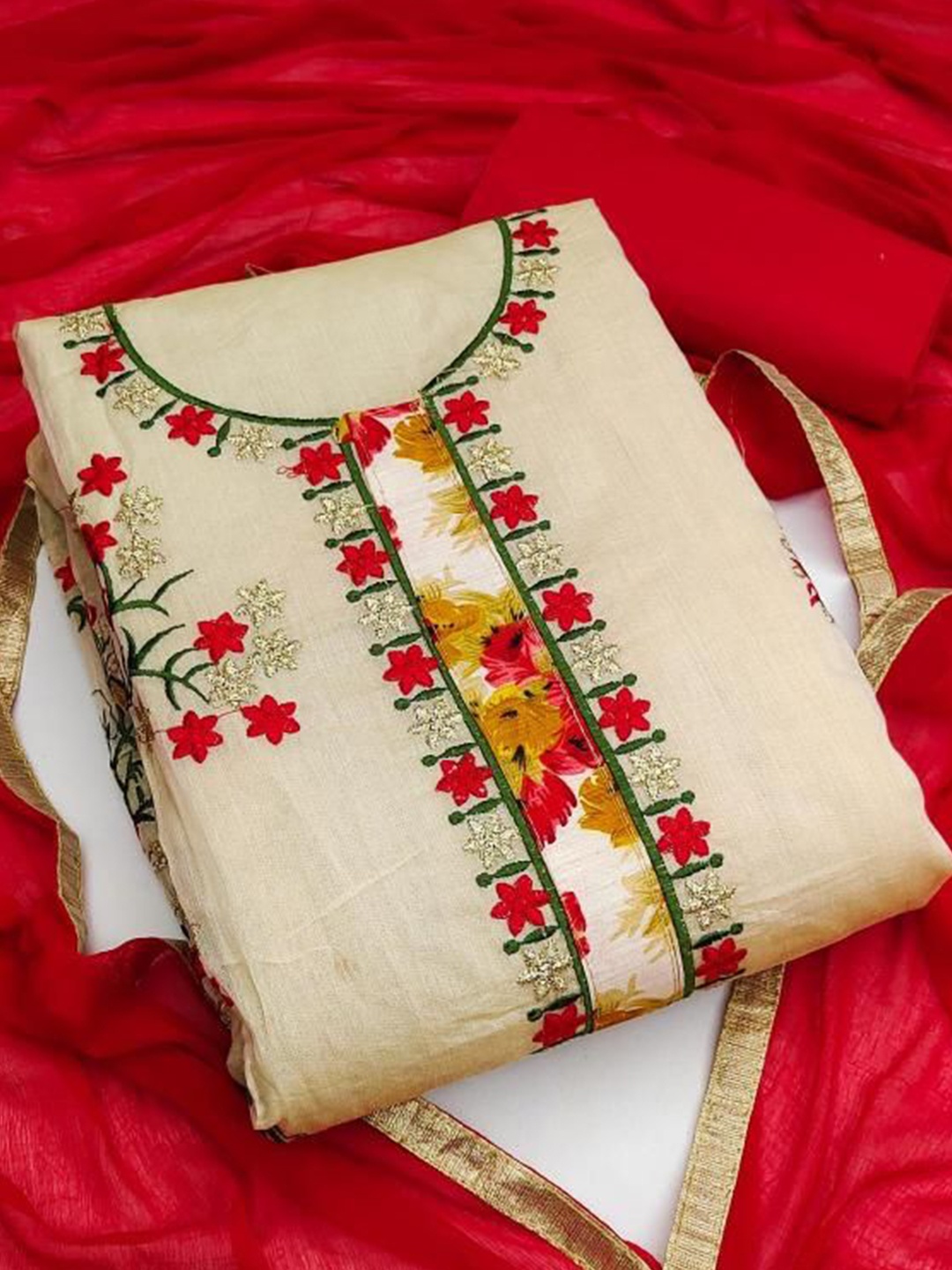 

Dori Embroidered Pure Silk Unstitched Dress Material, Cream