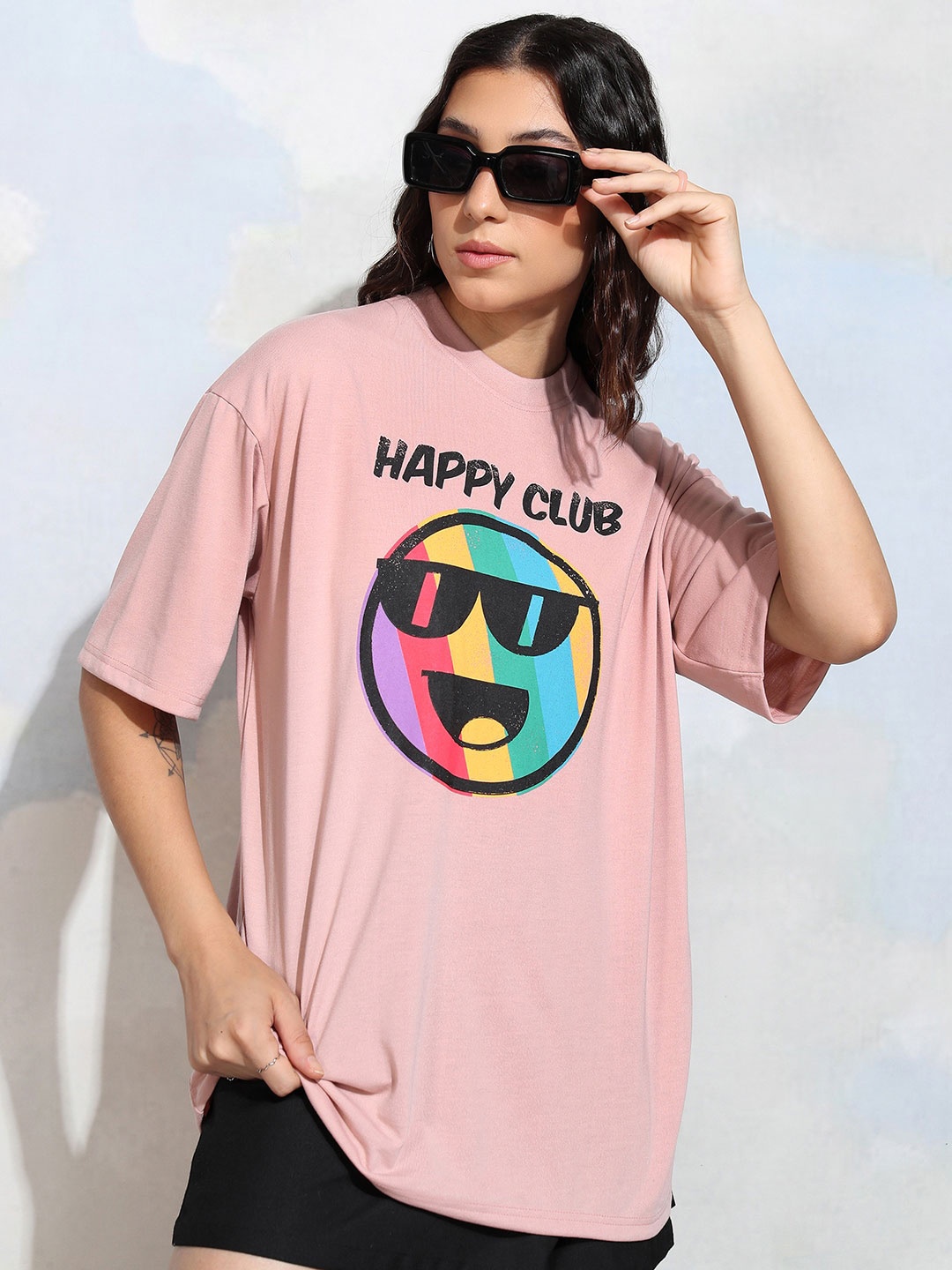 

Tokyo Talkies Women Graphic Printed Drop Shoulder Oversized T-shirt, Peach