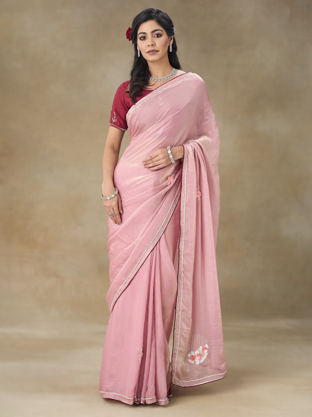 

FABMORA Embellished Beads and Stones Saree, Pink