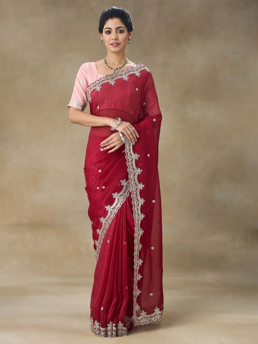 

FABMORA Embellished Embroidered Tissue Saree, Maroon