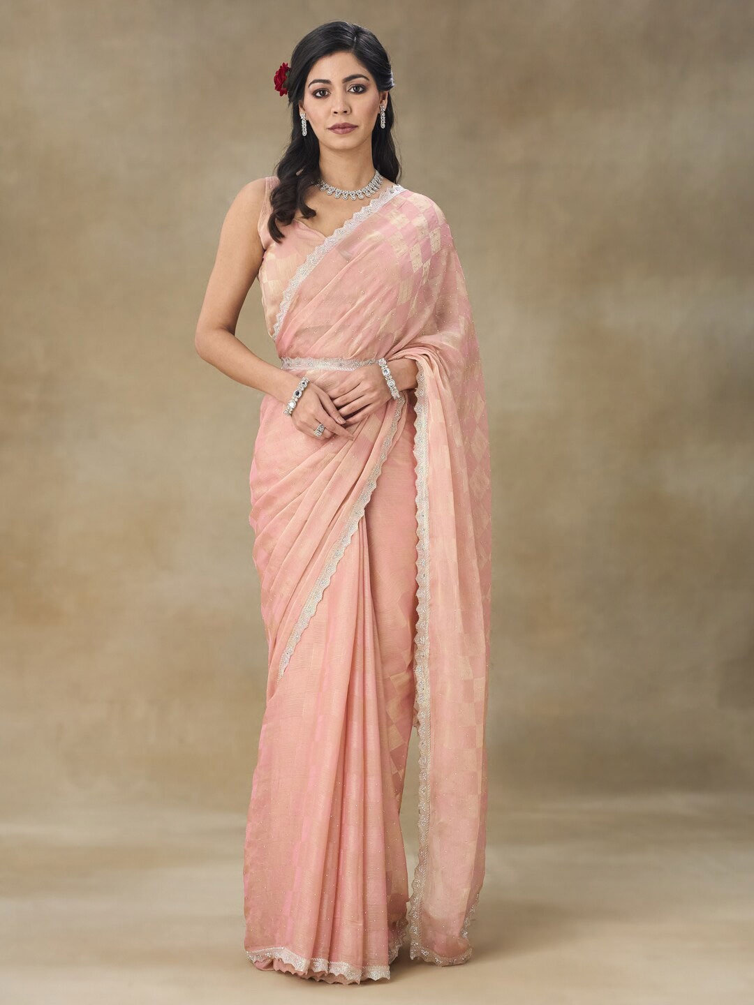 

FABMORA Embellished Beads and Stones Pure Crepe Saree, Peach