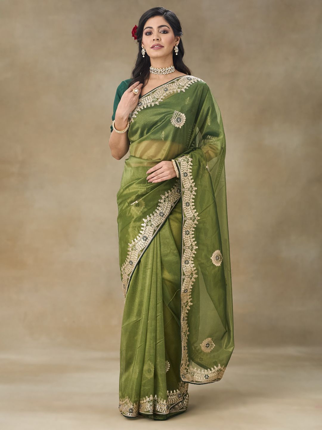 

FABMORA Embellished Gotta Patti Net Saree, Green