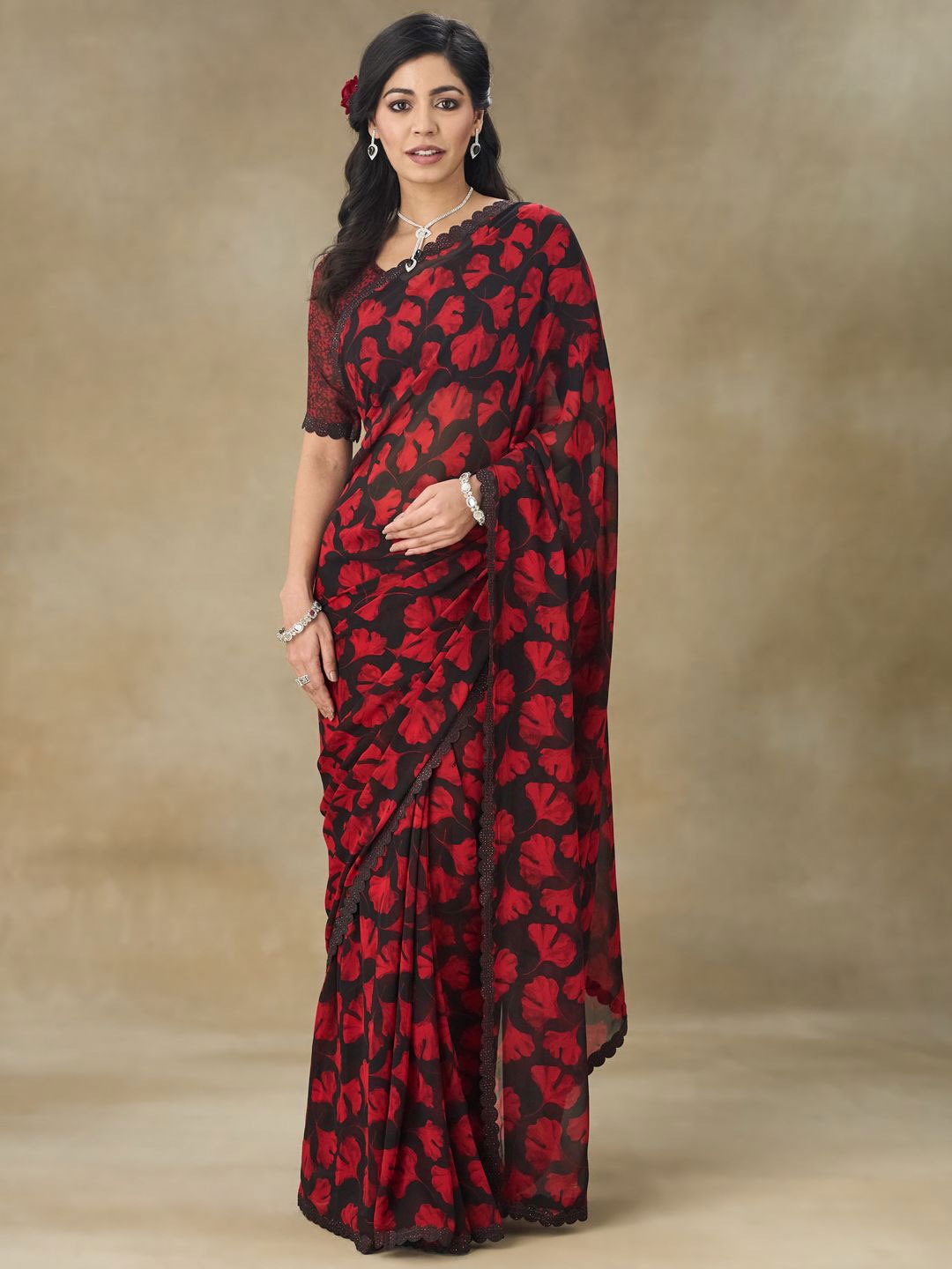 

FABMORA Floral Pure Chiffon Saree, Red