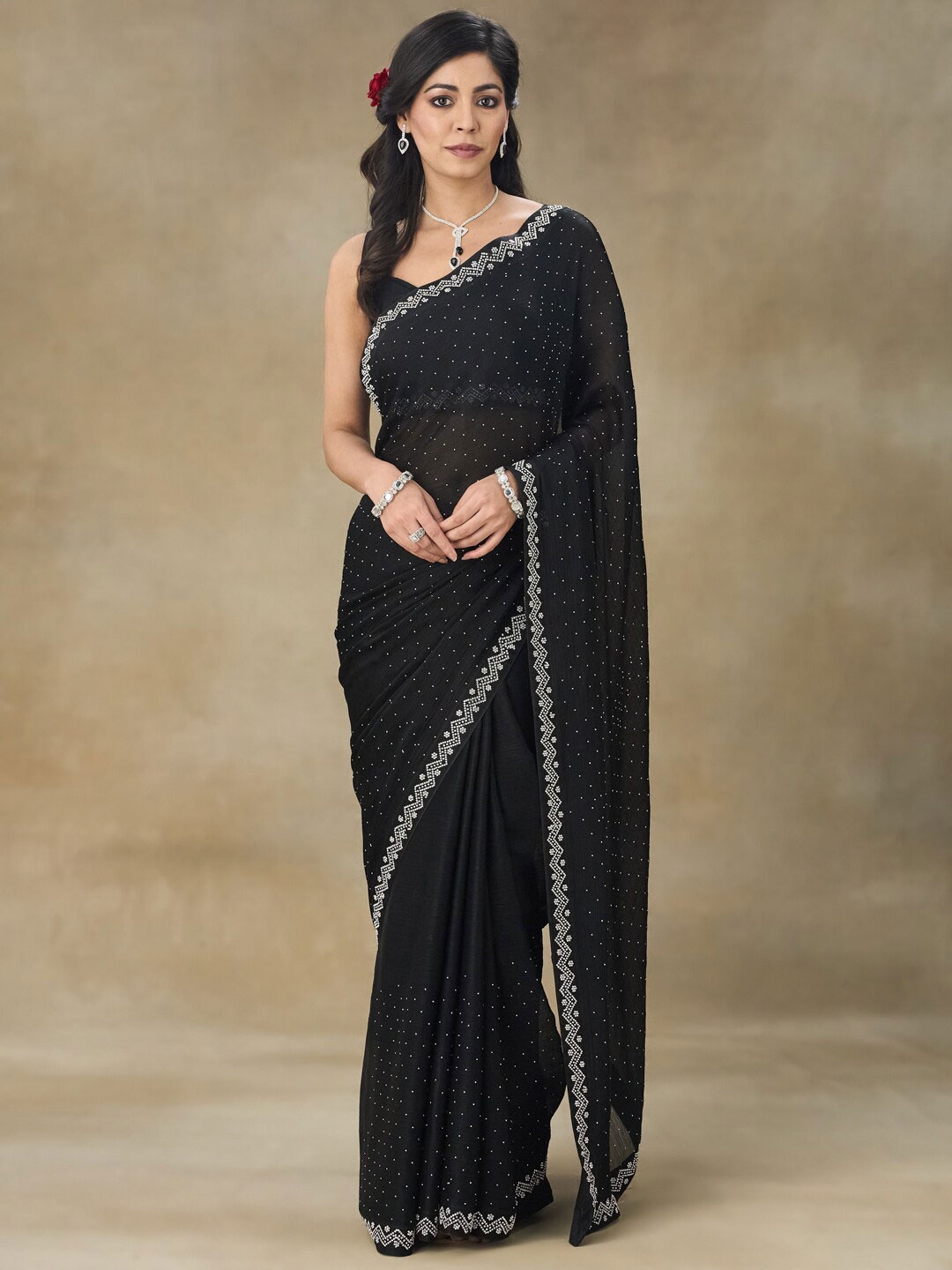 

FABMORA Embellished Beads and Stones Poly Chiffon Saree, Black