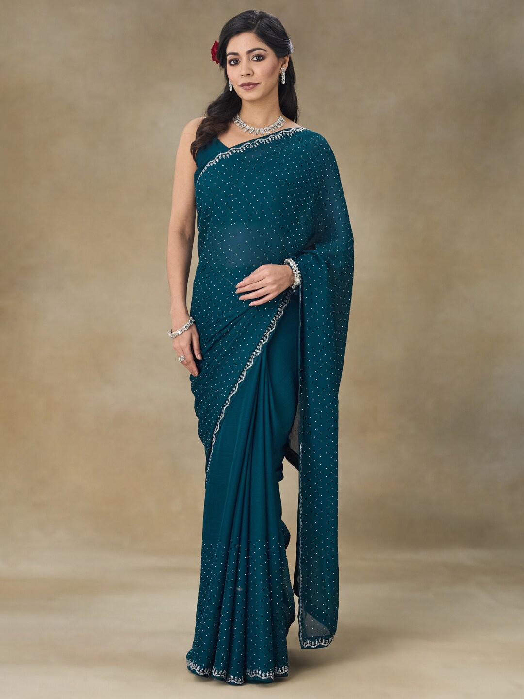 

FABMORA Embellished Beads and Stones Satin Saree, Blue