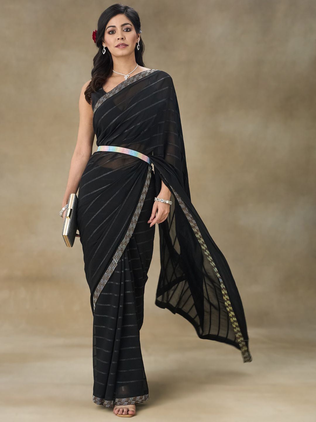 

FABMORA Embellished Beads and Stones Poly Georgette Saree, Black