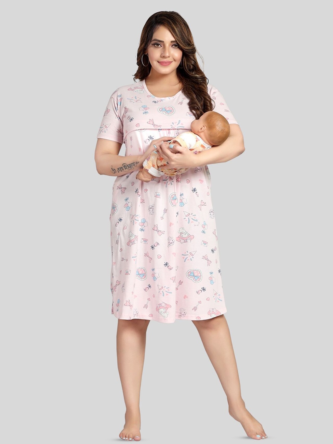 

Fabme Pure Cotton Printed Maternity Nightdress, Pink