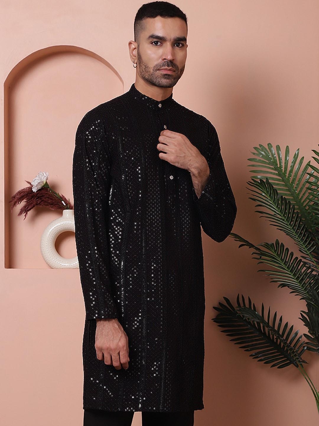 

Jompers Men Sequins Embroidered Kurtas., Black